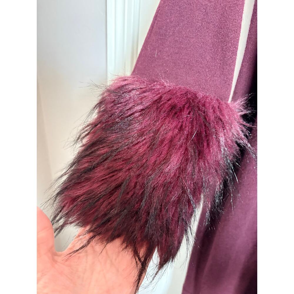 Vince Camuto Burgundy Open Front Longline Cardigan Sweater Faux Fur Cuff Small - Picture 5 of 7